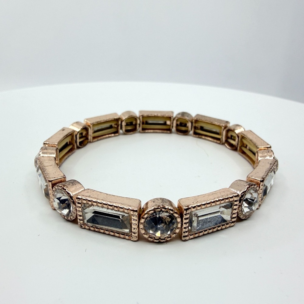 Vintage Rose Gold Crystal Stretch Bracelet Art Deco Geometric Chunky